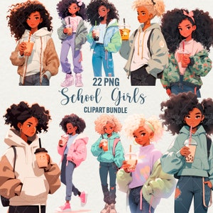 Imágenes prediseñadas de niñas de escuela negra, 22 chicas negras de moda png, chicas afro adolescentes, linda chica bebiendo té de burbujas, descarga instantánea, uso comercial