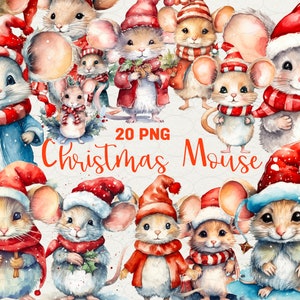 Christmas Mouse Clipart Christmas Sublimation Clipart Winter Clipart, Holiday Animals Micky in Santa Hat 20 Png Christmas Commercial Use