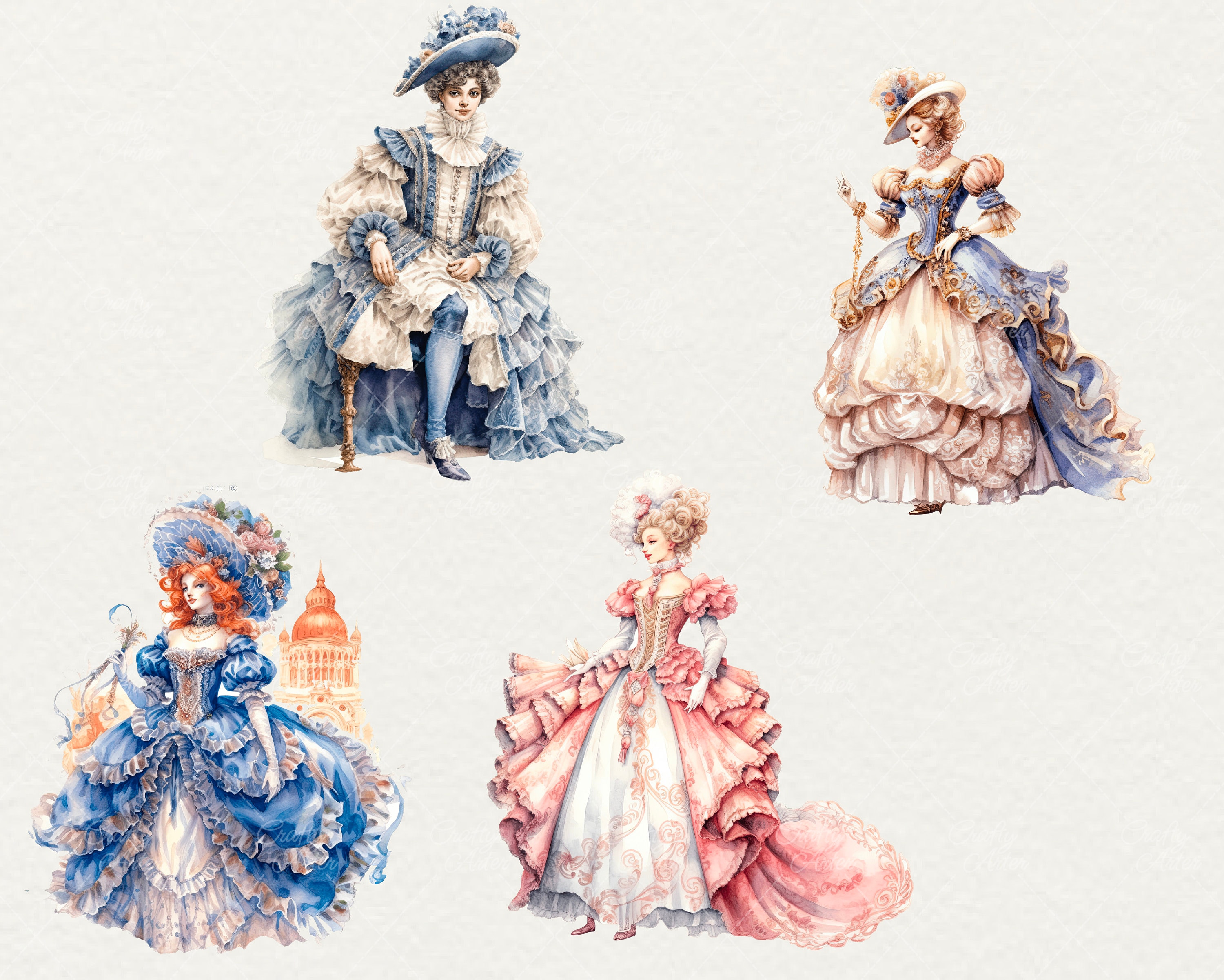 Watercolor Rococo Ladies Clipart: 24 PNG Princess Graphics (commercial ...