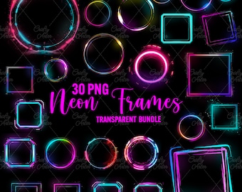 Neon Frames Clipart: Geometric Circle Square PNG Borders (Digital Download)