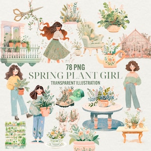 Frühling Pflanzen Mädchen Clipart, 78 PNG Pflanzenliebhaber Illustration, Nette Frühling Aquarell Pflanzen, Gartenarbeit, Digitale PNG Elemente, Kommerzielle Nutzung
