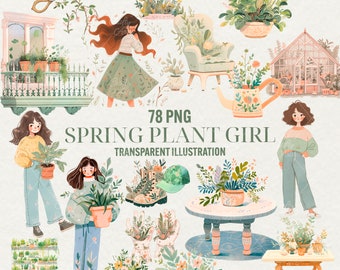 Spring Plant Girl Clipart: 78 Watercolor PNG Illustrations (Commercial Use)