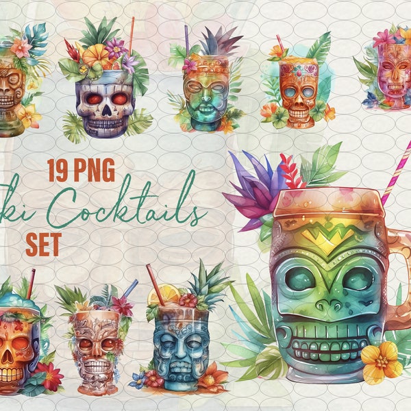 Hawaii Cocktails Clipart Bar menu, Tiki Menu Summer Watercolor Tiki Cocktails, Watercolor 19 TIKI clipart, Hawaii stickers, Commercial use