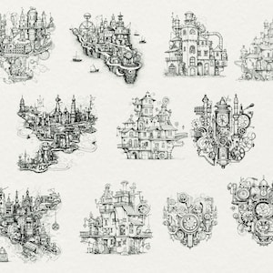 May include: A collection of nine black and white ink drawings of intricate, steampunk-inspired, floating cities. Each drawing features a unique design with gears, pipes, and other mechanical elements.