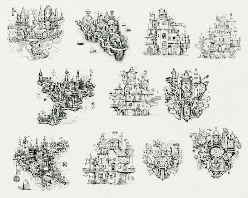 May include: A collection of nine black and white ink drawings of intricate, steampunk-inspired, floating cities. Each drawing features a unique design with gears, pipes, and other mechanical elements.
