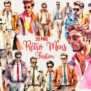 Clipart moda retrò uomo, 20 PNG bundle Acquerello Grafica uomo vecchia moneta, Clipart trench uomo settimana della moda, Uso commerciale