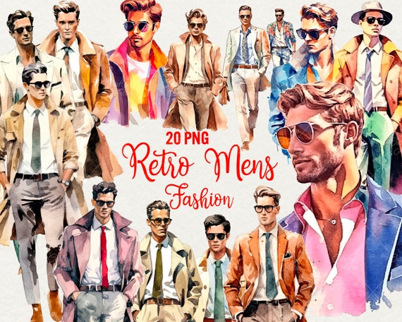 Retro Mens Fashion Clipart: Watercolor PNG Bundle