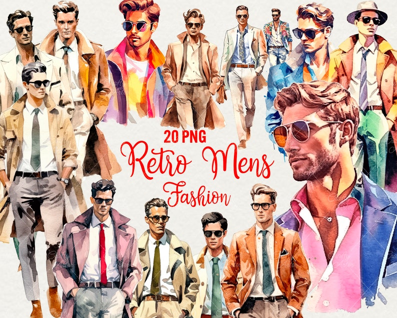 May include: A collection of 20 watercolor illustrations of men in retro fashion. The illustrations feature men wearing various clothing styles, including suits, jackets, and shirts. The illustrations are in a vintage style and are perfect for use in design projects.