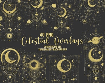 Op de afbeelding: Een set van 40 hemelse overlays in PNG-formaat met een transparante achtergrond. De overlays bevatten gouden hemellichamen, sterren en geometrische patronen op een zwarte achtergrond. De tekst "40 PNG Celestial Overlays Commercial Use Transparent Background" is opgenomen in de afbeelding.