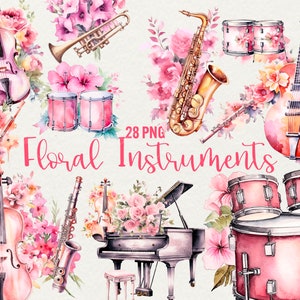 Aquarel muziekinstrumenten clipart, bloemenmuziek illustraties, roze muziekinstrument 28 PNG, commercieel gebruik.