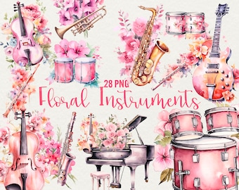 May include: A set of 28 watercolor illustrations of floral-themed musical instruments. The set includes a violin, saxophone, trumpet, guitar, piano, drums, and a flute. The instruments are decorated with pink and white flowers.