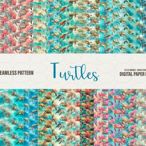 Patrón sin costuras de tortugas, 27 papeles digitales de tortugas oceánicas, textura de fondo de tortuga, patrones de papel sin costuras digitales, uso comercial