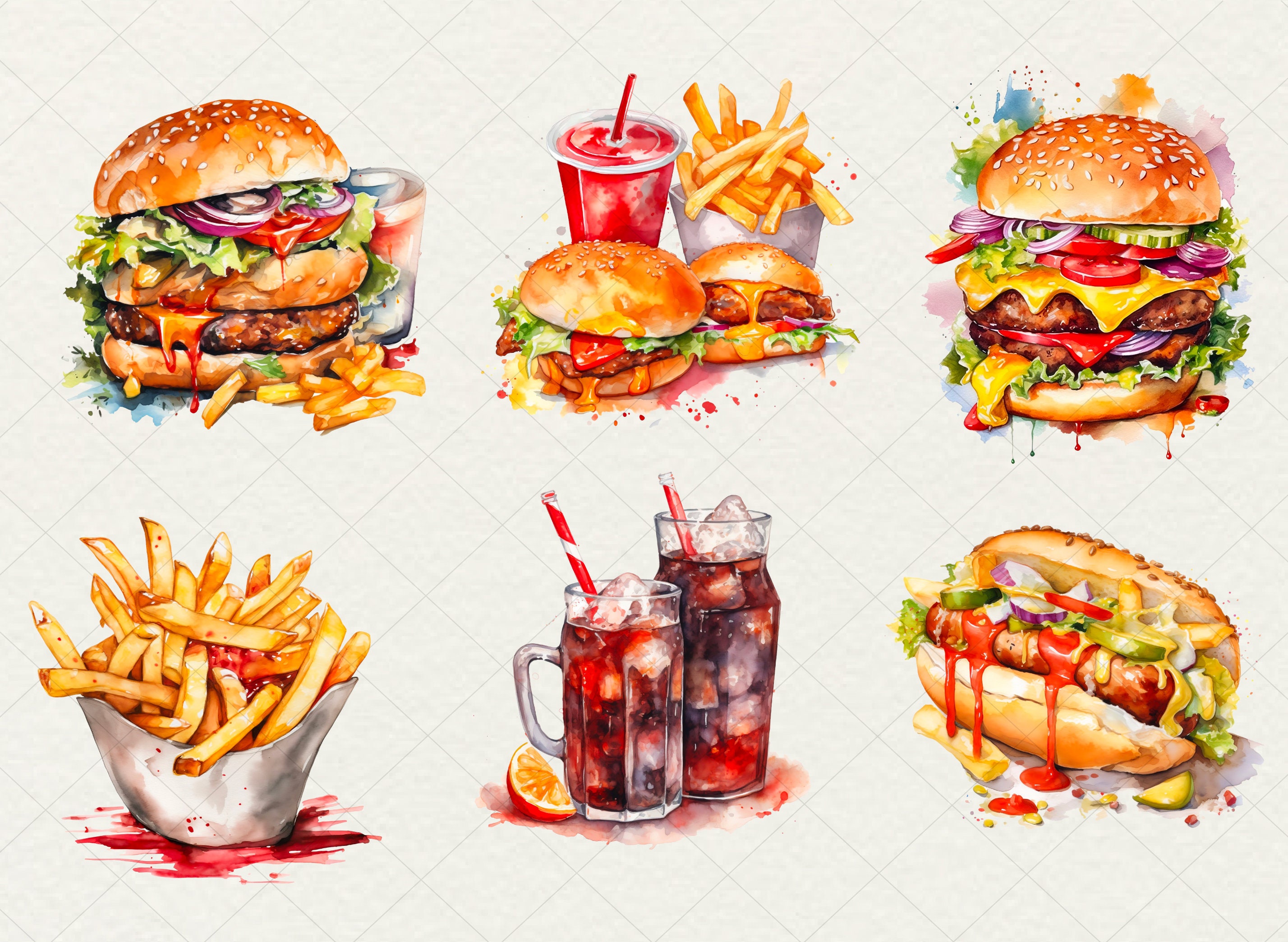 Watercolor Fast Food Clipart Bundle: Burger, Fries, Cola (10 PNG)  Commercial Use - Etsy, image size:2856x2088