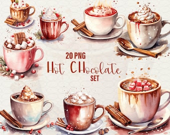 Watercolor Christmas Hot Chocolate Clipart: 20 PNG Winter Drink Illustrations (Commercial Use)