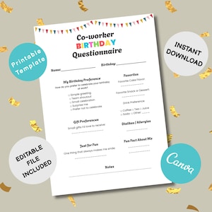 Pode incluir: Um questionário de aniversário de colega de trabalho imprimível em branco com texto colorido e uma faixa. O questionário inclui seções para preferências, favoritos e fatos divertidos. Inclui o texto "Printable Template", "Editable File Included", "Instant Download" e "Canva".