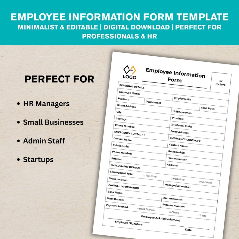 Employee Form Image Header Employee Information Form Template - Etsy