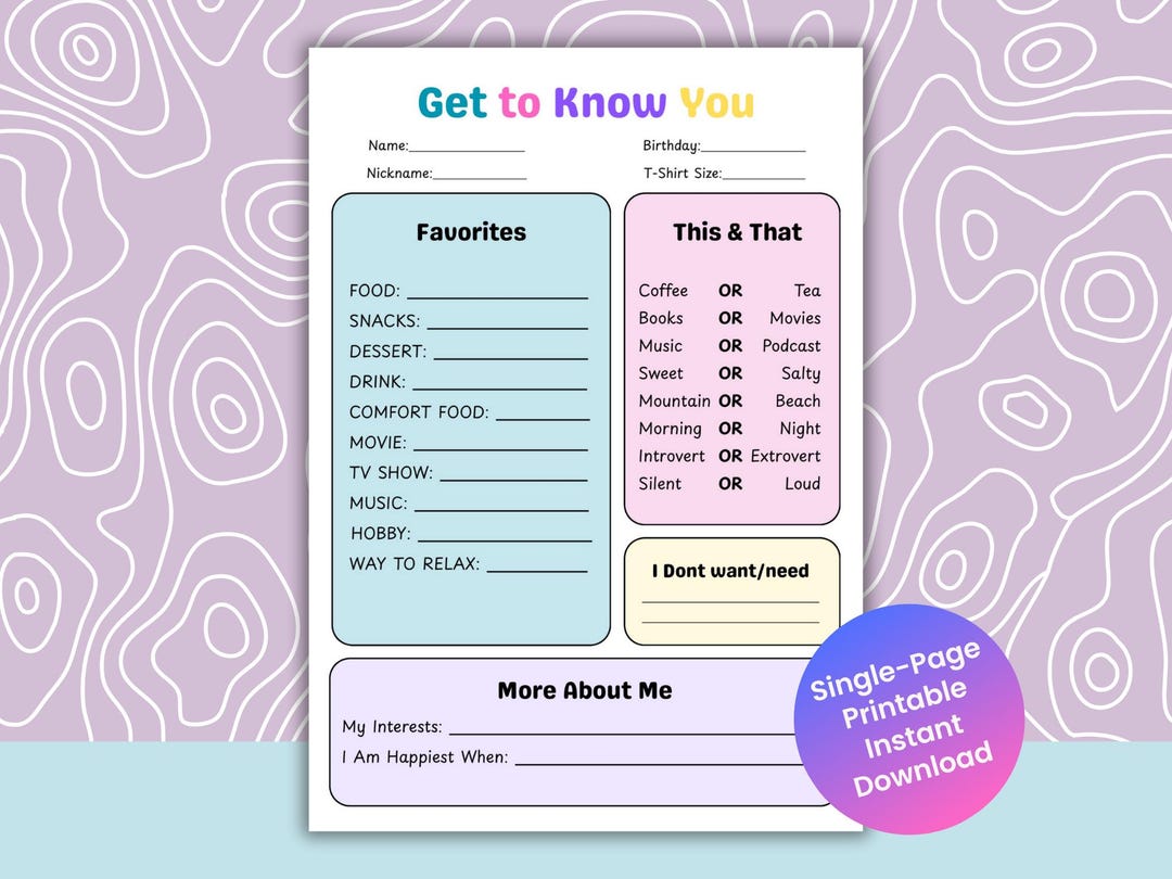 Get to Know Me Questionnaire Printable | Team Building Icebreaker | All ...