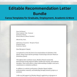 Pode incluir: Uma faixa turquesa com texto branco que diz "Editable Recommendation Letter Bundle". Abaixo, um texto menor diz "Canva Templates for Graduate, Employment, Academic & More". Um modelo de carta de amostra é mostrado.