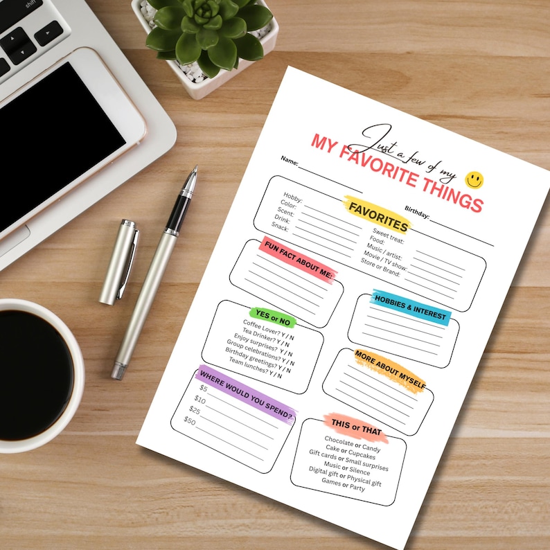My Favorite Things List | Office Coworker Questionnaire (printable PDF ...