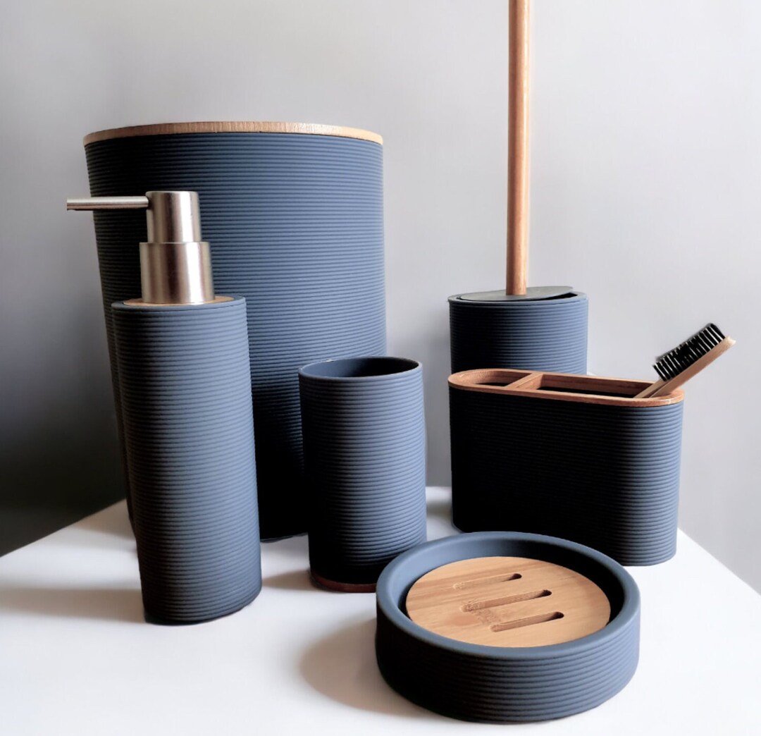 Bathroom Accessories Set Grey With Bamboo Trim Toothbrush Etsy