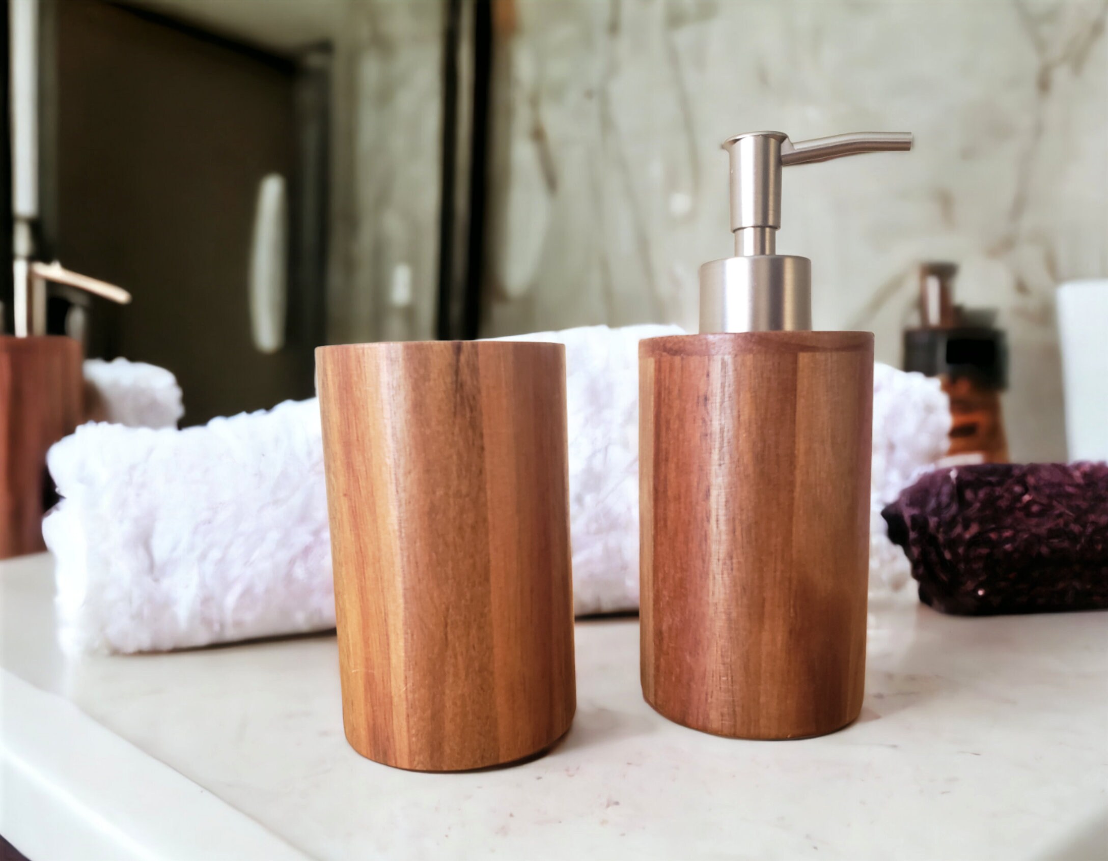 Acacia Wood Soap Dispenser Toothbrush Holder Set Bathroom Etsy