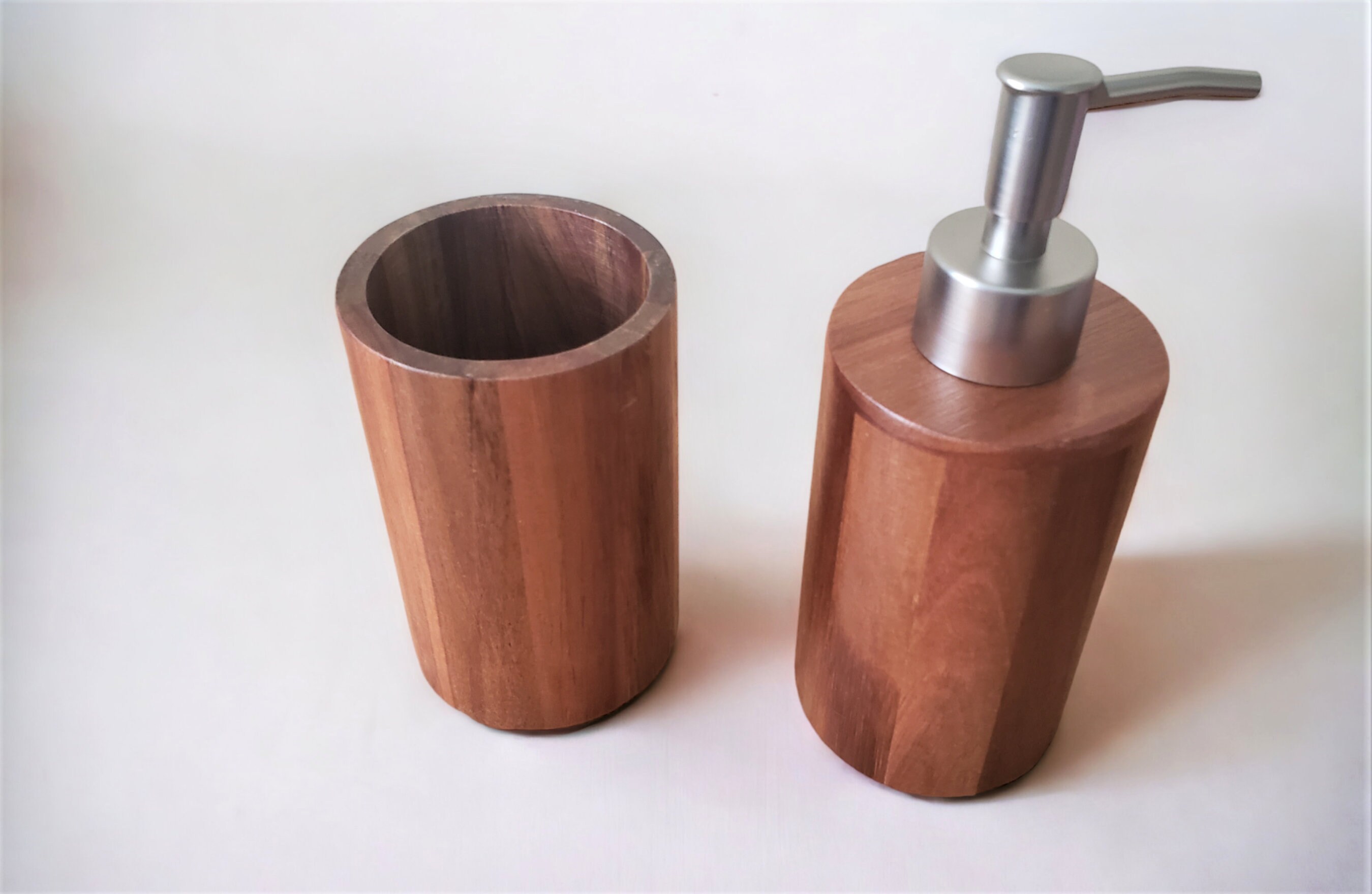 Acacia Wood Soap Dispenser Toothbrush Holder Set Bathroom Etsy