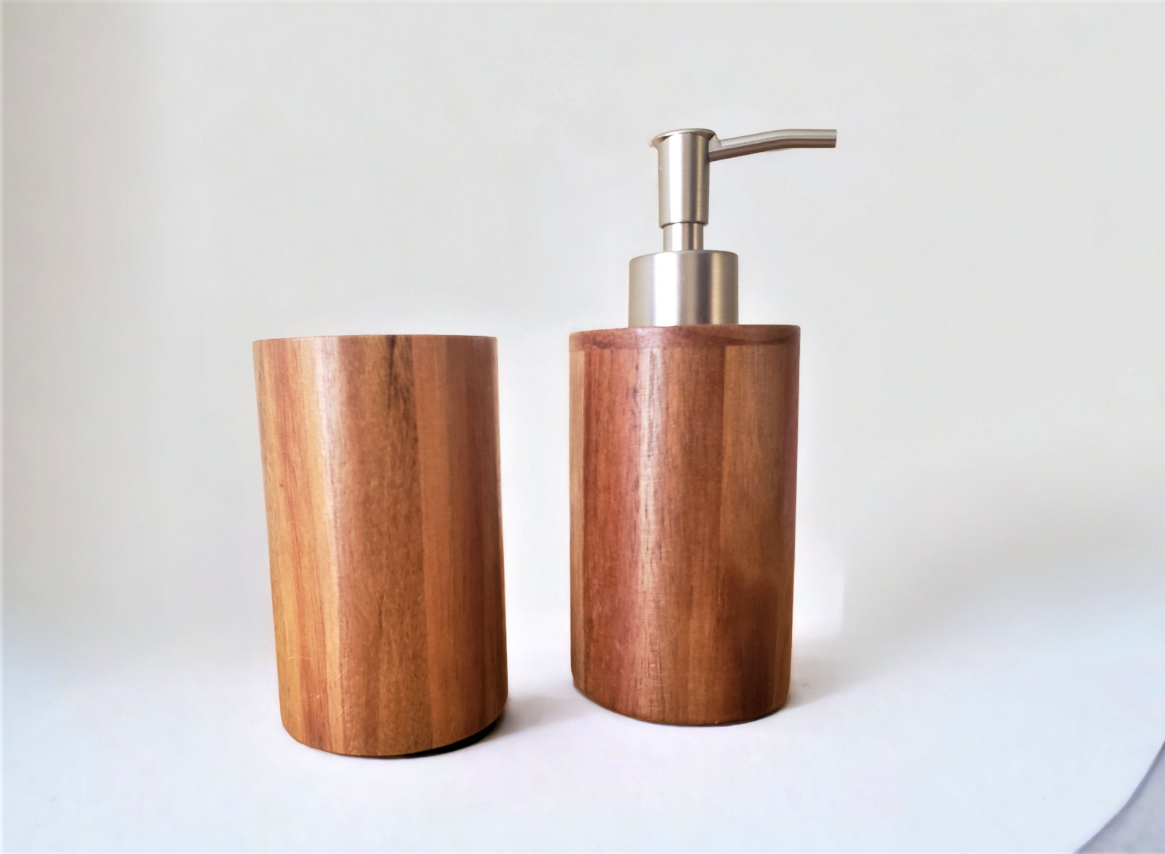 Acacia Wood Soap Dispenser Toothbrush Holder Set Bathroom Etsy