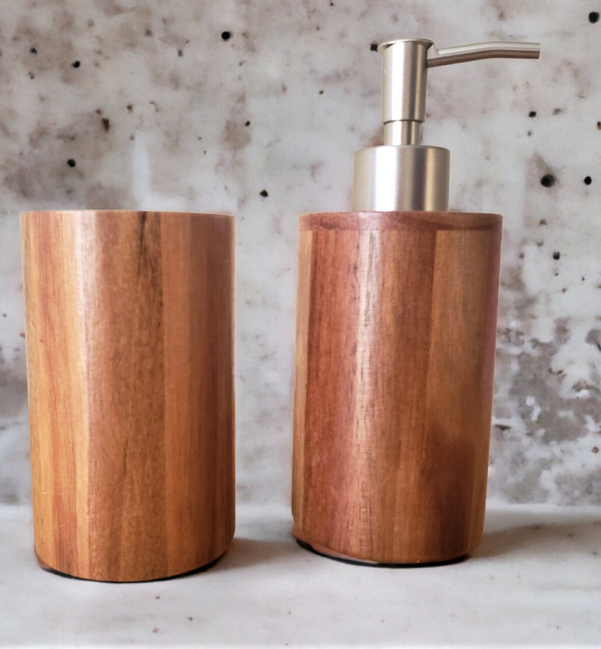 Acacia Wood Soap Dispenser Toothbrush Holder Set Bathroom Etsy