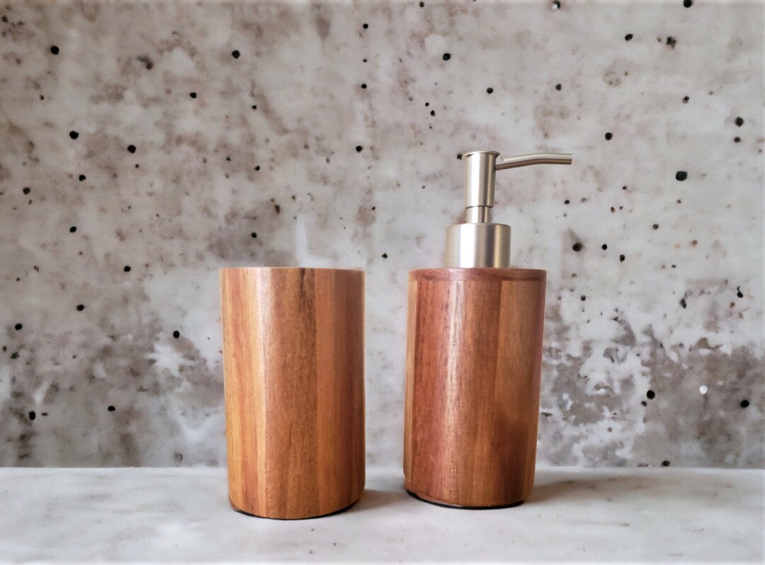 Acacia Wood Soap Dispenser Toothbrush Holder Set Bathroom Etsy