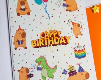 Cappy Birthday Sticker Card - Capybara Fans rejoice! Greeting Card With 9 Capy Themed Stickers