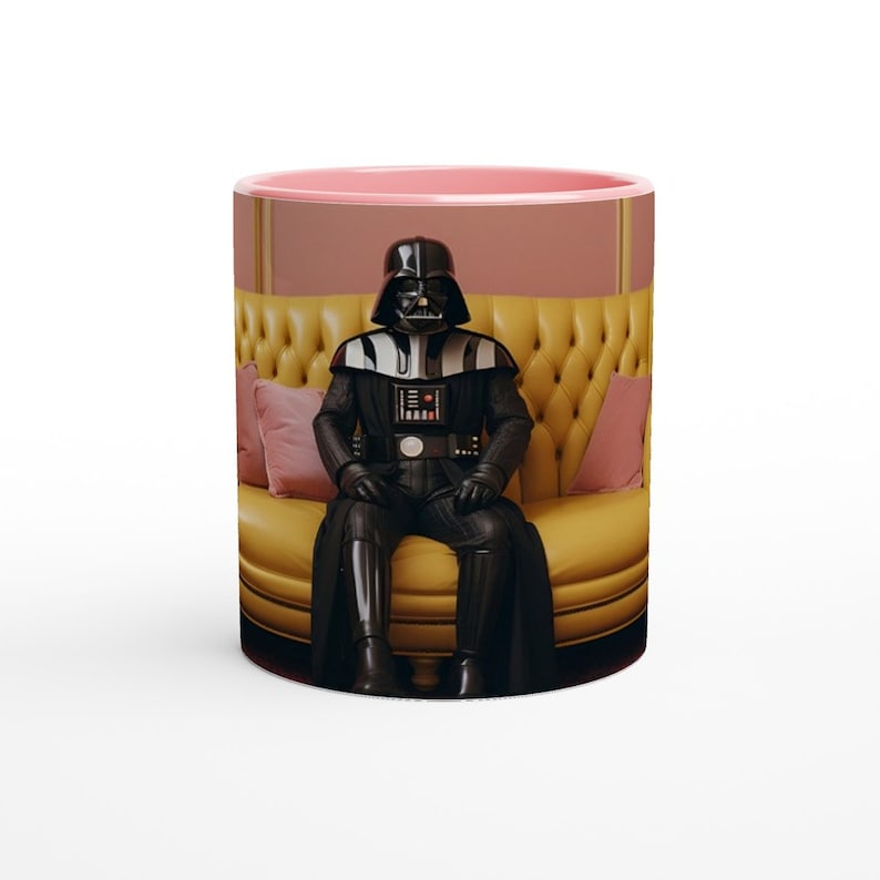 Darth Vader Mug | Wes Anderson Style | Retro Film Art | Funny Sci-Fi Coffee Cup | Gift for Movie Lovers Ceramic Pink