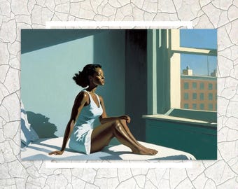 Op de afbeelding: Een vrouw in een wit tanktopje zit op een bed en kijkt uit het raam. De kamer is lichtblauw geverfd en het raam kijkt uit op een straat in de stad.