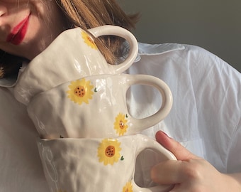 Tazza in ceramica fatta a mano con girasole: tazza da caffè Sunny Pottery, 1 pezzo