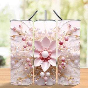3D Pink Flowers and Pearls 20oz Sublimation Skinny Tumbler Designs, Straight Skinny Tumbler Wrap, 3D Pearls Instant Download PNG