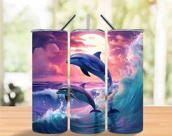 Dolphin 20oz Skinny Tumbler Sublimation Design, Colorful Tumbler Wrap PNG, Instant Digital Download, Dolphin Rainbow Alcohol Ink