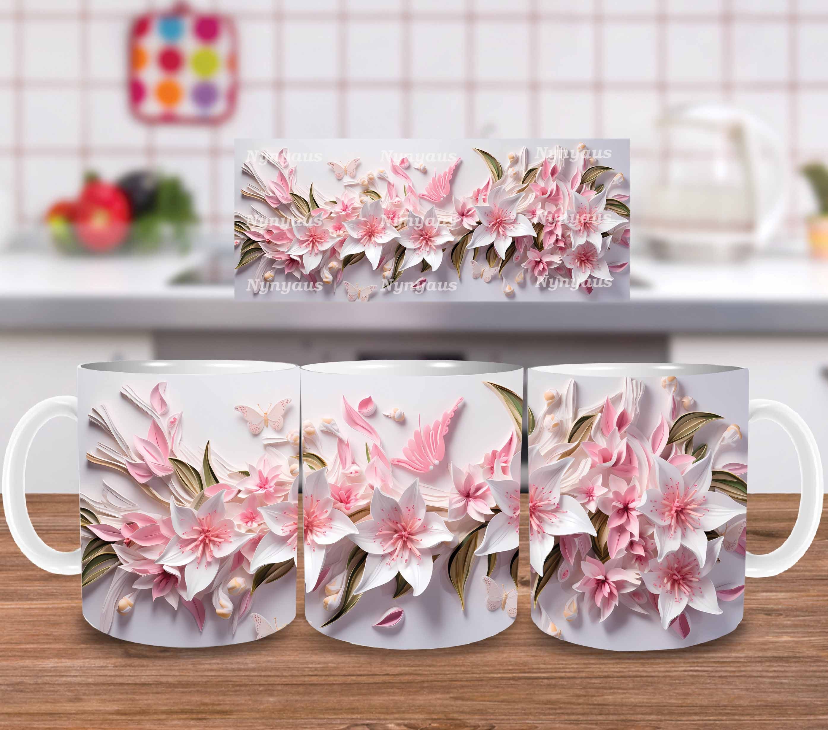 3D Pink White Lilies Flowers Mug Wrap, 11oz And 15oz Mug Template, Mug Sublimation Design, Mug Wrap Template, Instant Digital Download PNG