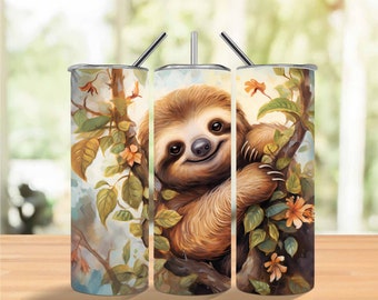 Cute Sloth Hanging Tree Watercolor, 20 Oz Skinny Straight Sublimation Tumbler Wrap Digital Design Cute Sloth PNG File Download