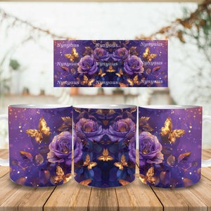 Gold Purple Butterflies Mug Wrap, 11oz Mug Template, Mug Sublimation Design, Flower Mug Wrap Template, Instant Digital Download PNG