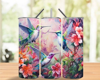 Hummingbirds Floral 20 oz Tumbler Wrap, Straight And Tapered Tumbler Wrap, Hummingbirds Floral Sublimation Design PNG
