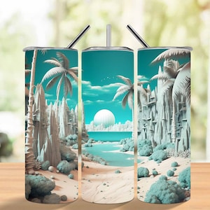 3D Palm Trees Beach Landscape 20 oz Skinny Tumbler Sublimation Design, Straight And Tapered Tumbler Wrap, Instant Digital Download PNG