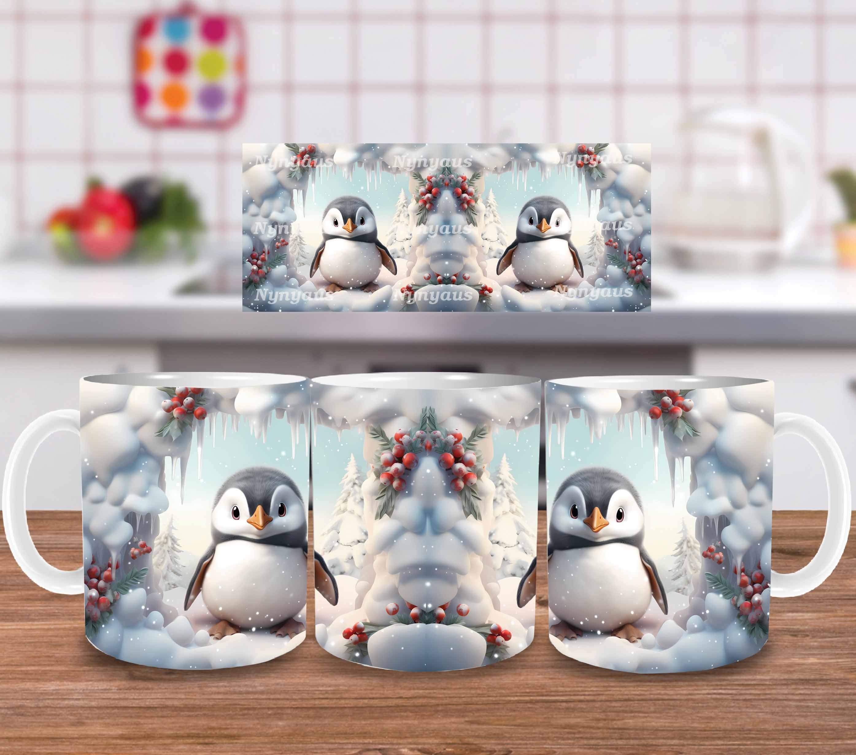 3D Penguin, 3D Cute Penguin, 3D Winter Mug Wrap