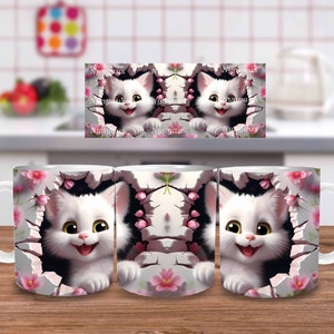 3D Kitten Hole In A Wall Mug Wrap, Cat Mug Wrap Sublimation Design PNG, 11oz and 15oz Coffee Cup Template, 3D Cute Cat Mug Press Design