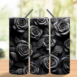 3D Black Roses Seamless 20 oz Skinny Tumbler Sublimation Design, Straight and Tapered Tumbler Wrap, Instant Digital Download Png