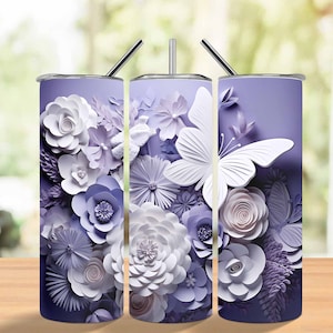 3D Blue Purple Flowers Butterflies 20 oz Skinny Tumbler Sublimation Design, Straight and Tapered Tumbler Wrap, Instant Digital Download PNG