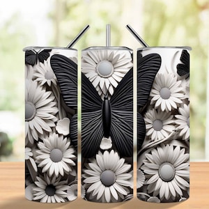 3D Tumbler Wrap 20 oz Skinny Tumbler Sublimation Design Digital Download PNG Instant DIGITAL ONLY, Butterfly Daisy Tumbler Png
