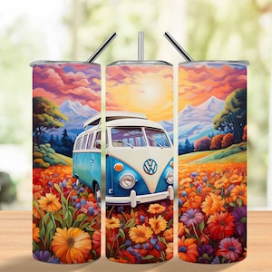 Retro Hippie Van Tumbler 20 oz Skinny Tumbler Sublimation Design, Summer Straight and Tapered Tumbler Wrap PNG, Camper Van , Digital PNG