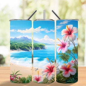 3D Tropical Flowers Beach 20 oz Skinny Tumbler Sublimation Design, Straight And Tapered Tumbler Wrap, Instant Digital Download Png