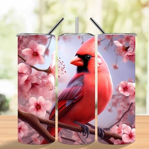 3D Red Cardinal Bird Flowers 20 oz Skinny Tumbler Sublimation Design, Straight Tumbler Wrap, 3D Red Cardinal Bird Flowers PNG Download