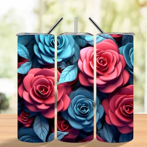 3D Blue Pink Roses 20 oz Skinny Tumbler Sublimation Design, Straight And Tapered Tumbler Wrap, Instant Digital Download PNG