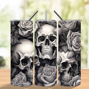 Skull and roses 20oz Sublimation Tumbler Designs, Black and white floral 9.2 x 8.3 Straight Skinny Tumbler Wrap PNG